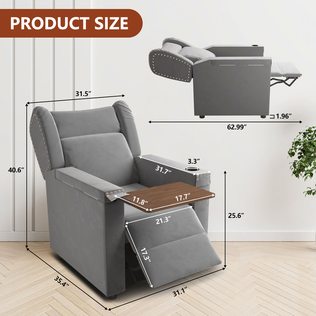 Gray Velvet Recliner Chair with Cup Holder and Table L23294