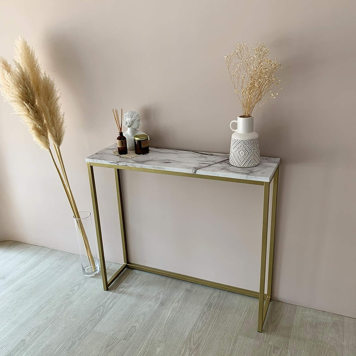 Faux Marble Console Table with Gold Metal Frame X1340