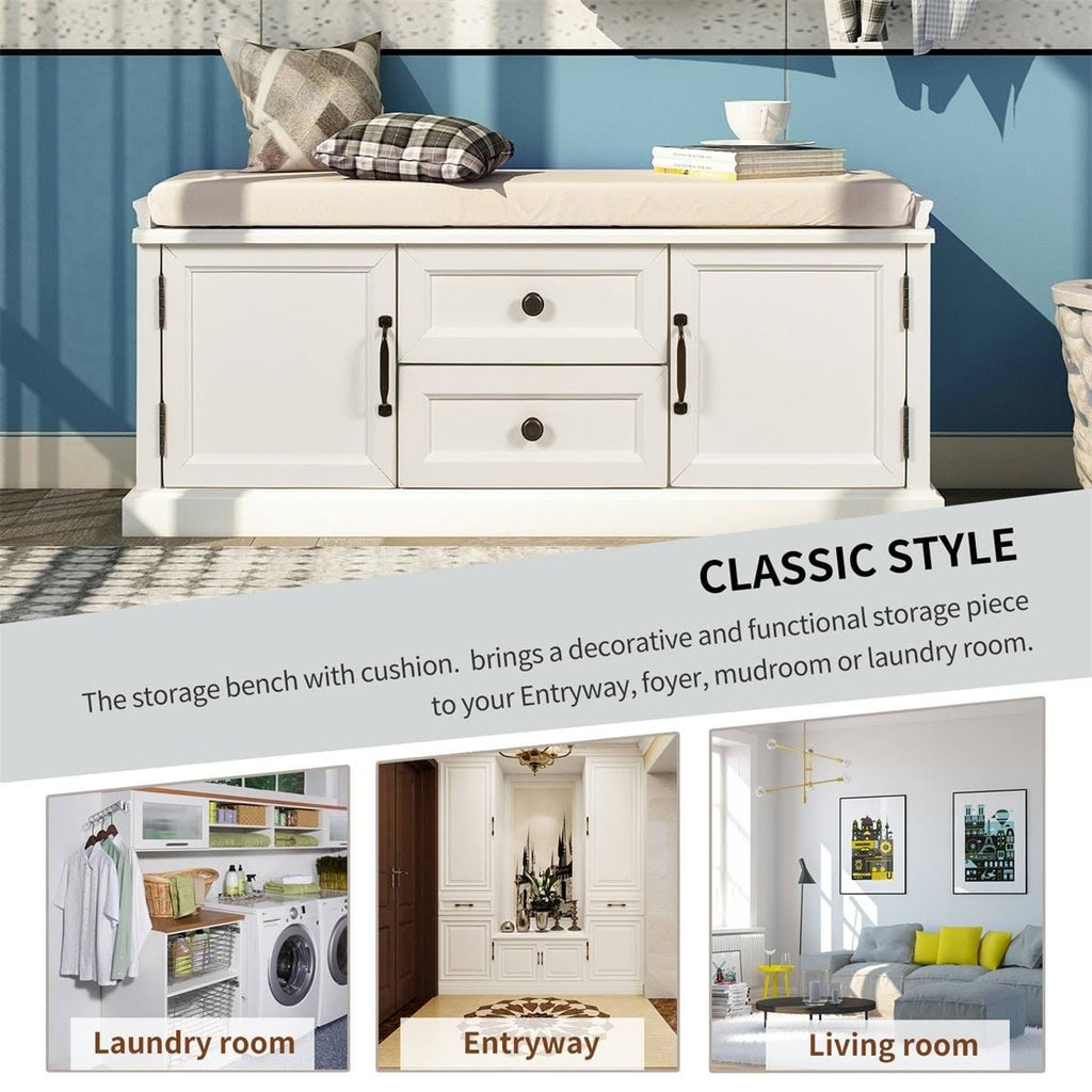 White Storage Bench with 2 Drawers and 2 Cabinets C20023