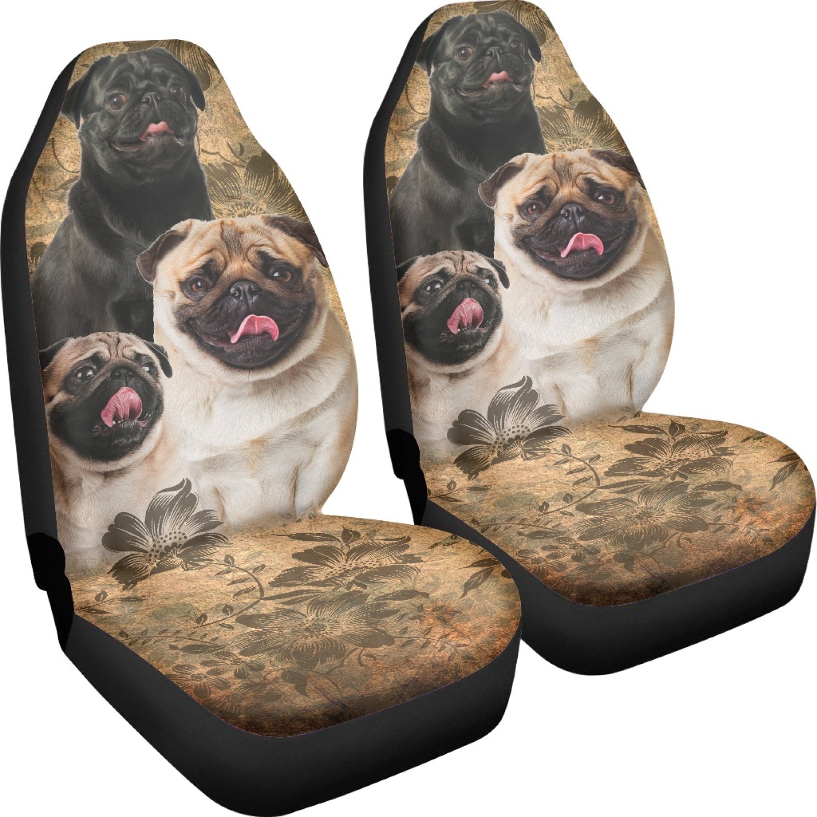 Pug Dog Floral Print Seat Covers, Set of 2 Pcs Y816