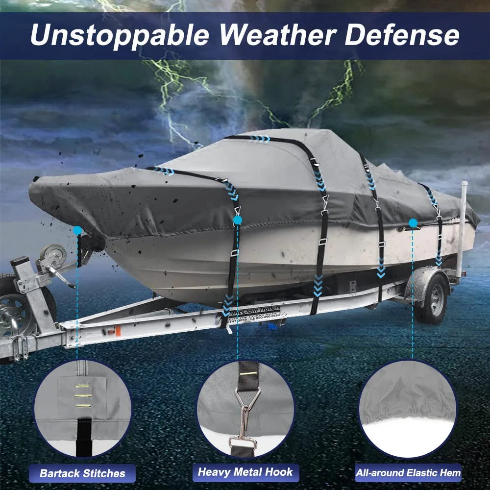 Trailerable Waterproof Heavy Duty Boat Cover for V-Hull, Tri-Hull, Runabout, 16'-18.5' Long, Gray X1673