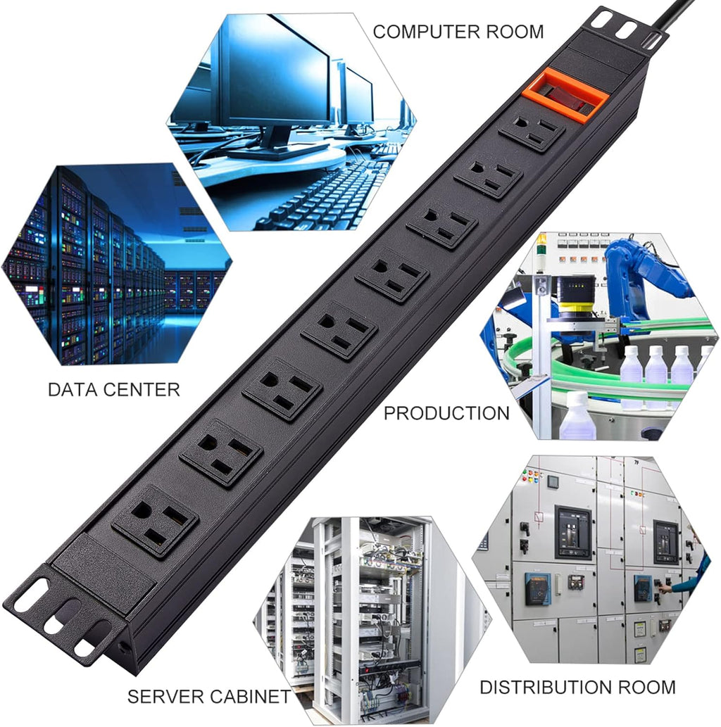 Black 1U Rack Mount PDU, 8 Outlets, 15A/125V, 6ft Cord, Pack of 2 J609398