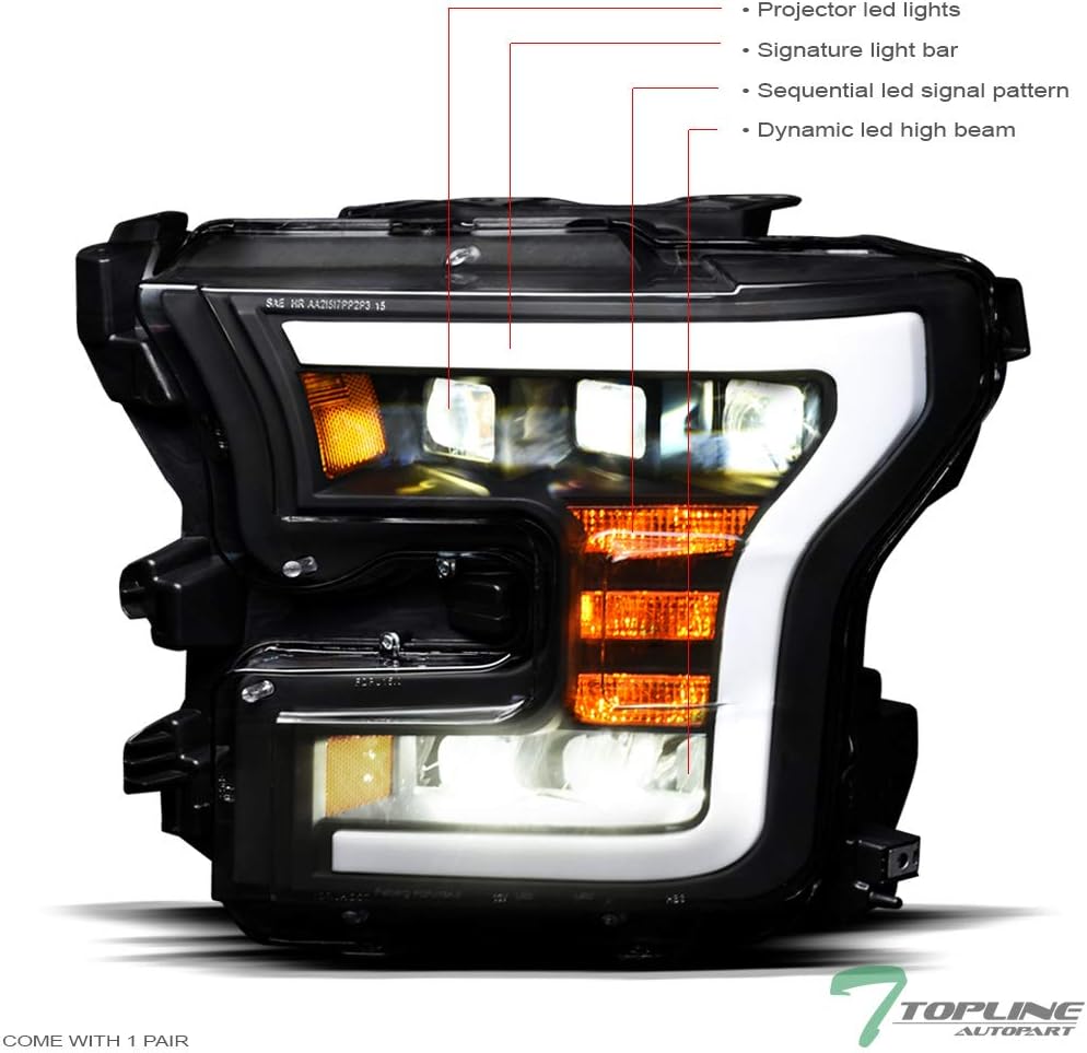 Black Housing Full LED Sequential Tri Projector Headlights For 15-17 Ford F150 B758