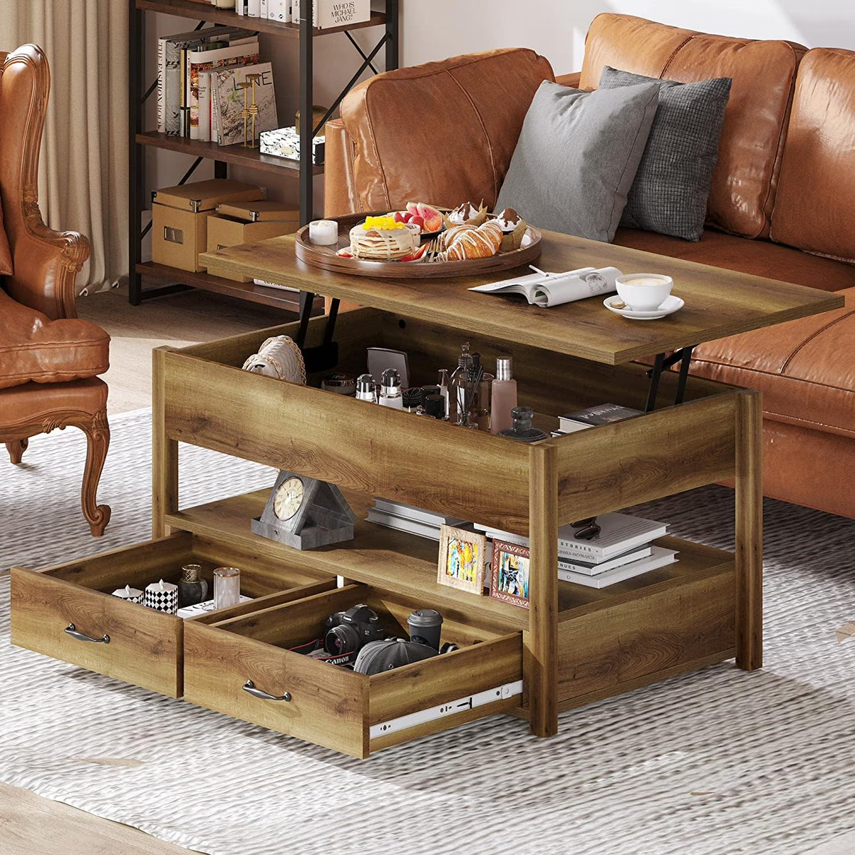 Rustic Brown Wood Lift Top Coffee Table with 2 Storage Drawers F8575