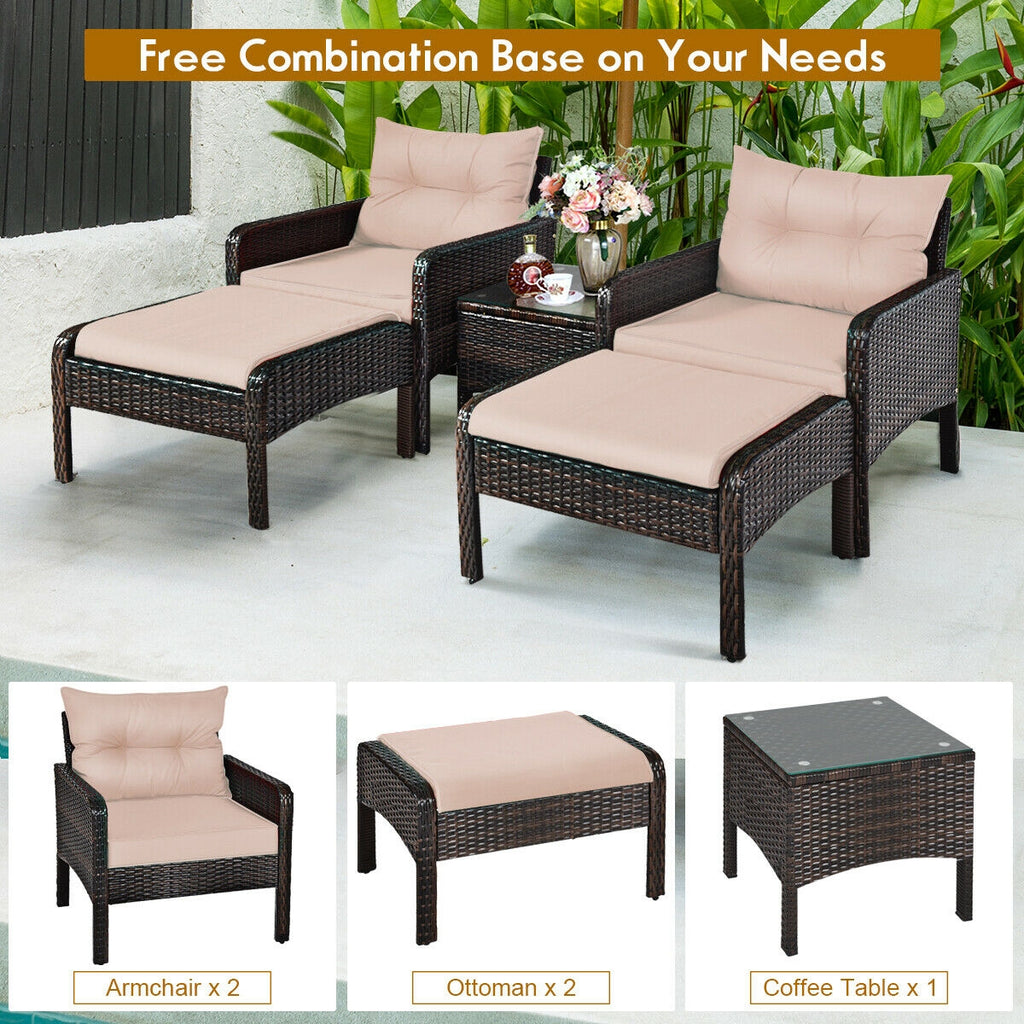 5 Pieces Patio Rattan Wicker Furniture Set Sofa Ottoman with Brown Cushion Armchair Set A683