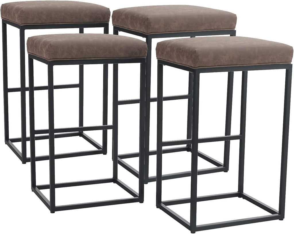 24 Counter Stools Bar Chair with Footrest Pu Leather Backless Kitchen Dining Cafe Chair with Thick Cushion & Sturdy Chromed Metal Steel Frame Indoor Outdoor, Grey, 1PC M8709