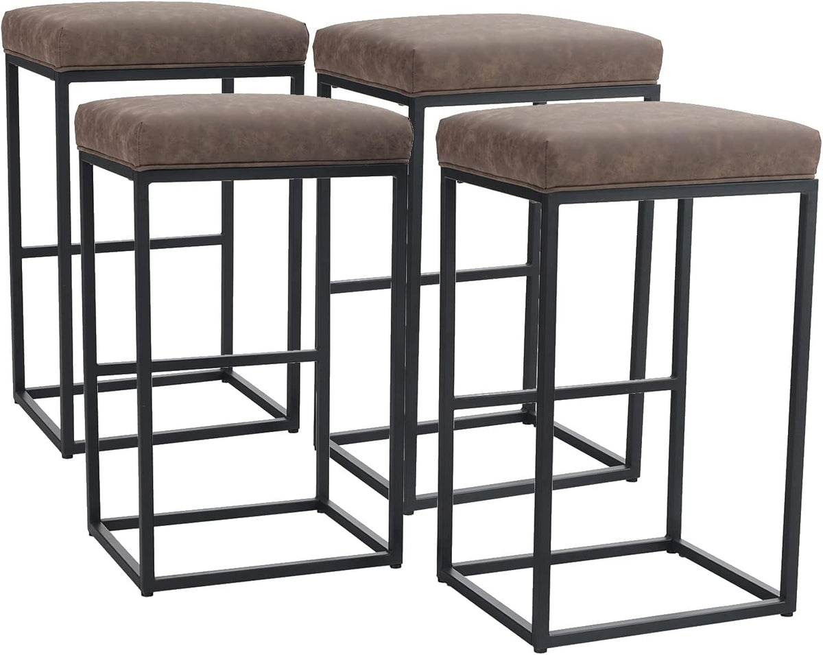 24 Counter Stools Bar Chair with Footrest Pu Leather Backless Kitchen Dining Cafe Chair with Thick Cushion & Sturdy Chromed Metal Steel Frame Indoor Outdoor, Grey, 1PC M8709