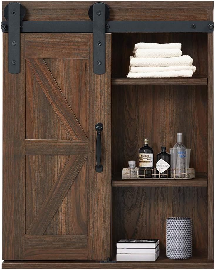 Wood Wall Storage Cabinet with Sliding Barn Door, 3-Tier Organizer Bathroom Cabinet with Adjustable Shelf Freestanding Furniture I75859