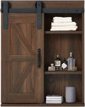 Wood Wall Storage Cabinet with Sliding Barn Door, 3-Tier Organizer Bathroom Cabinet with Adjustable Shelf Freestanding Furniture I75859