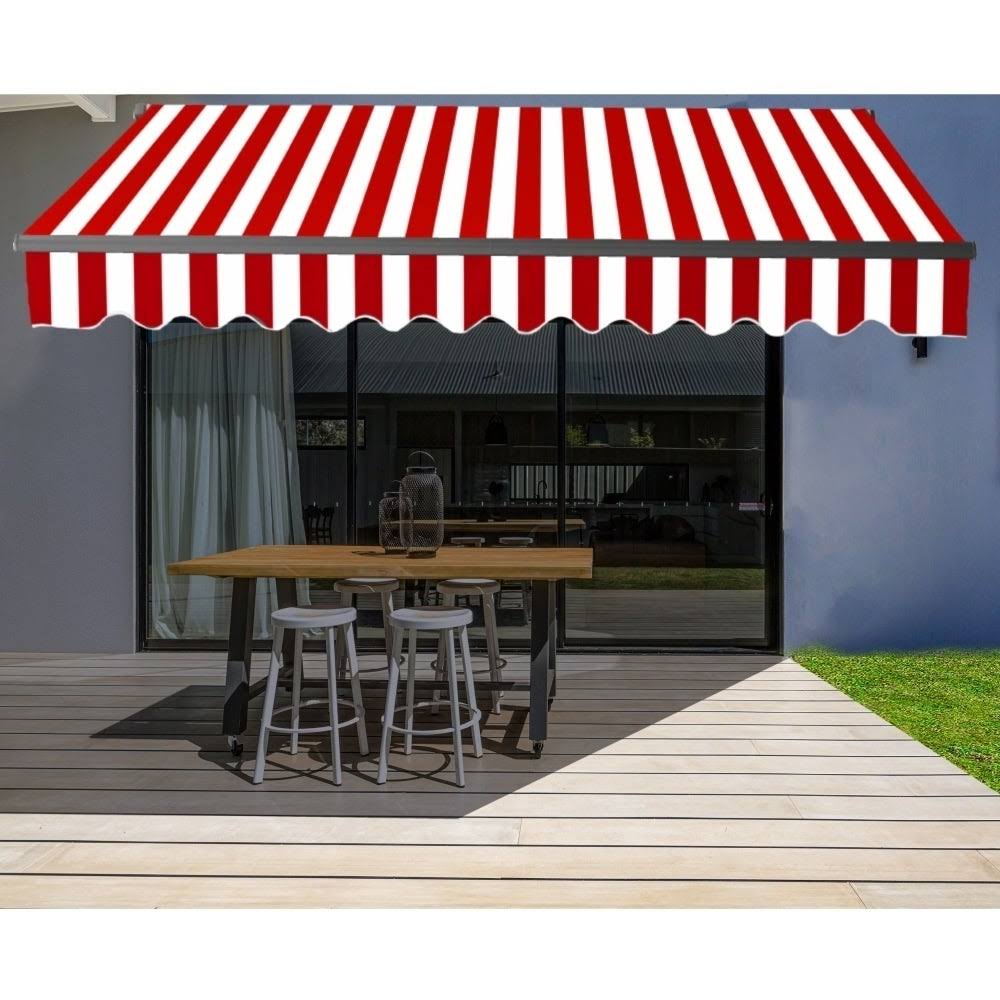 Black Frame Motorized Retractable Patio Canopy Awning 10x8 Red/White O534420