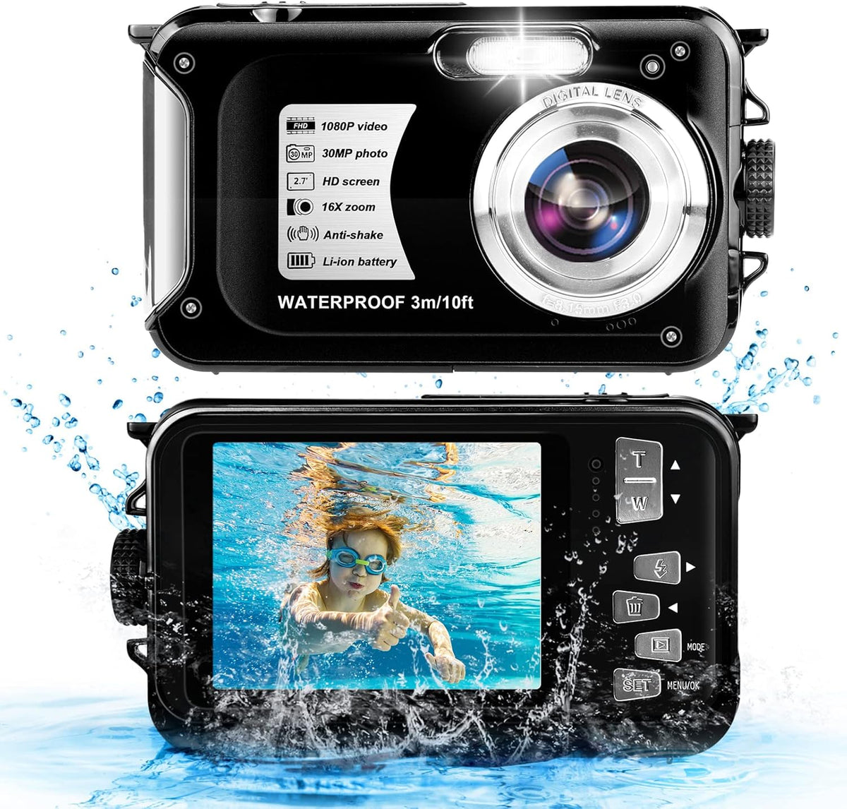 Blue Waterproof Digital Camera 30MP 16X Zoom V841524