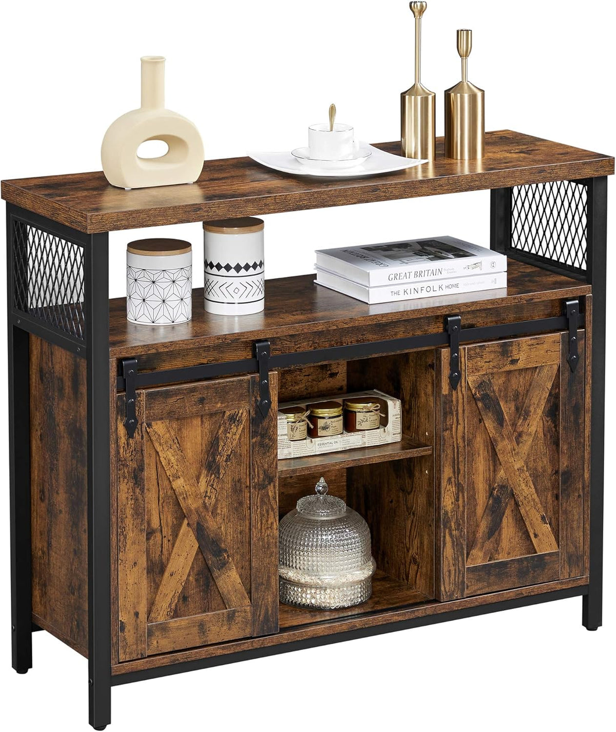 Rustic Brown and Black Buffet Cabinet with Adjustable Shelf J98767