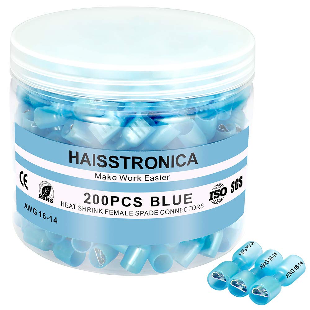 200PCS Blue 16-14 Gauge Heat Shrink Female Spade Connectors F3319