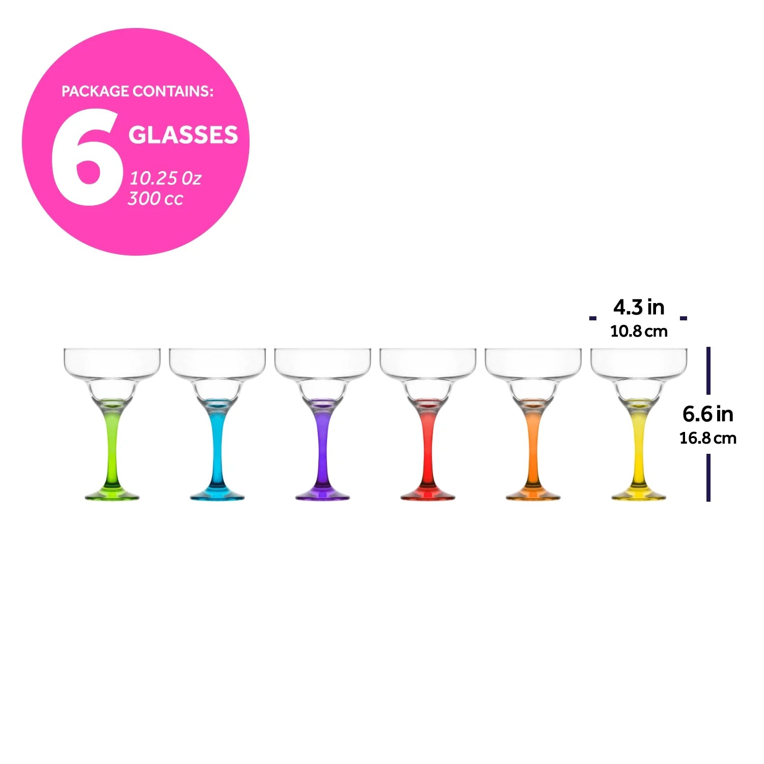 Set of 6 Margarita Glasses with Multi Colored Stems G1879
