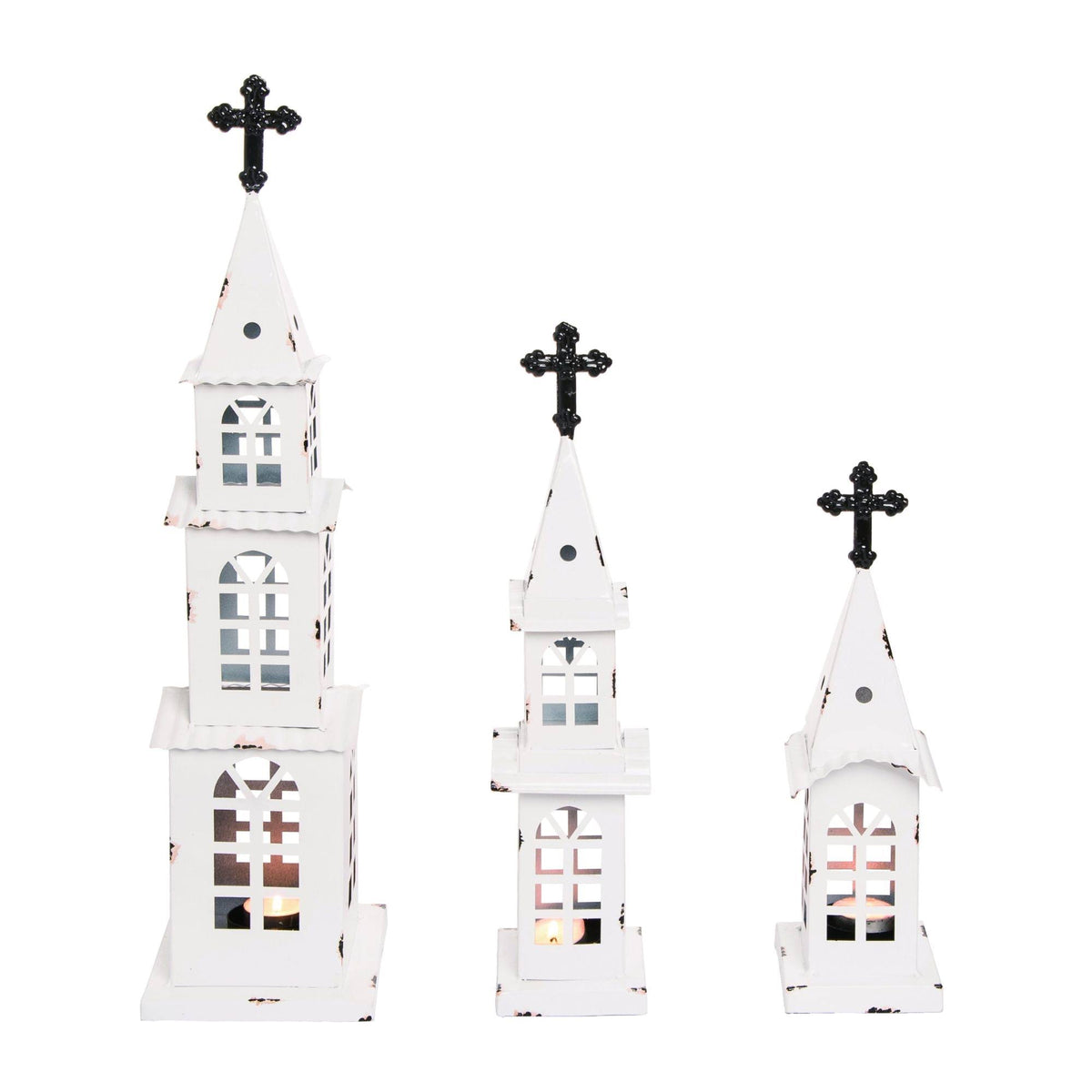 White and Black Distressed Finish Christmas Church Tealight Holders F13626