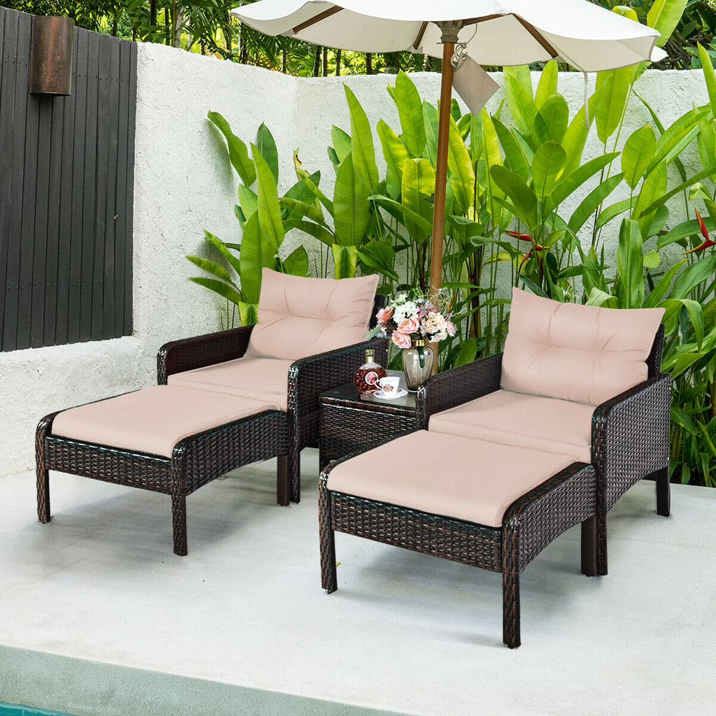 5 Pieces Patio Rattan Wicker Furniture Set Sofa Ottoman with Brown Cushion Armchair Set A683