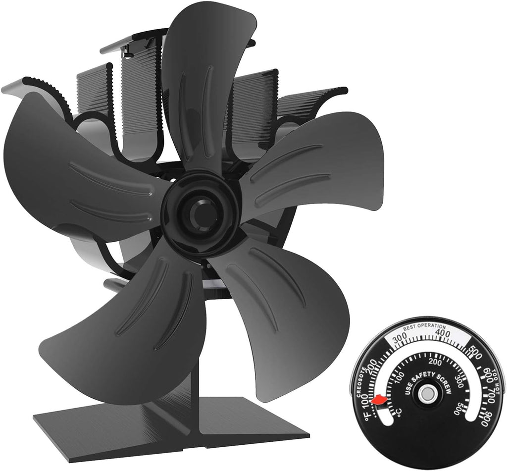 5-Blade Heat Powered Stove Fan with Stove Thermometer (Aluminium Gold, Large Size) Pack of 2 H94692
