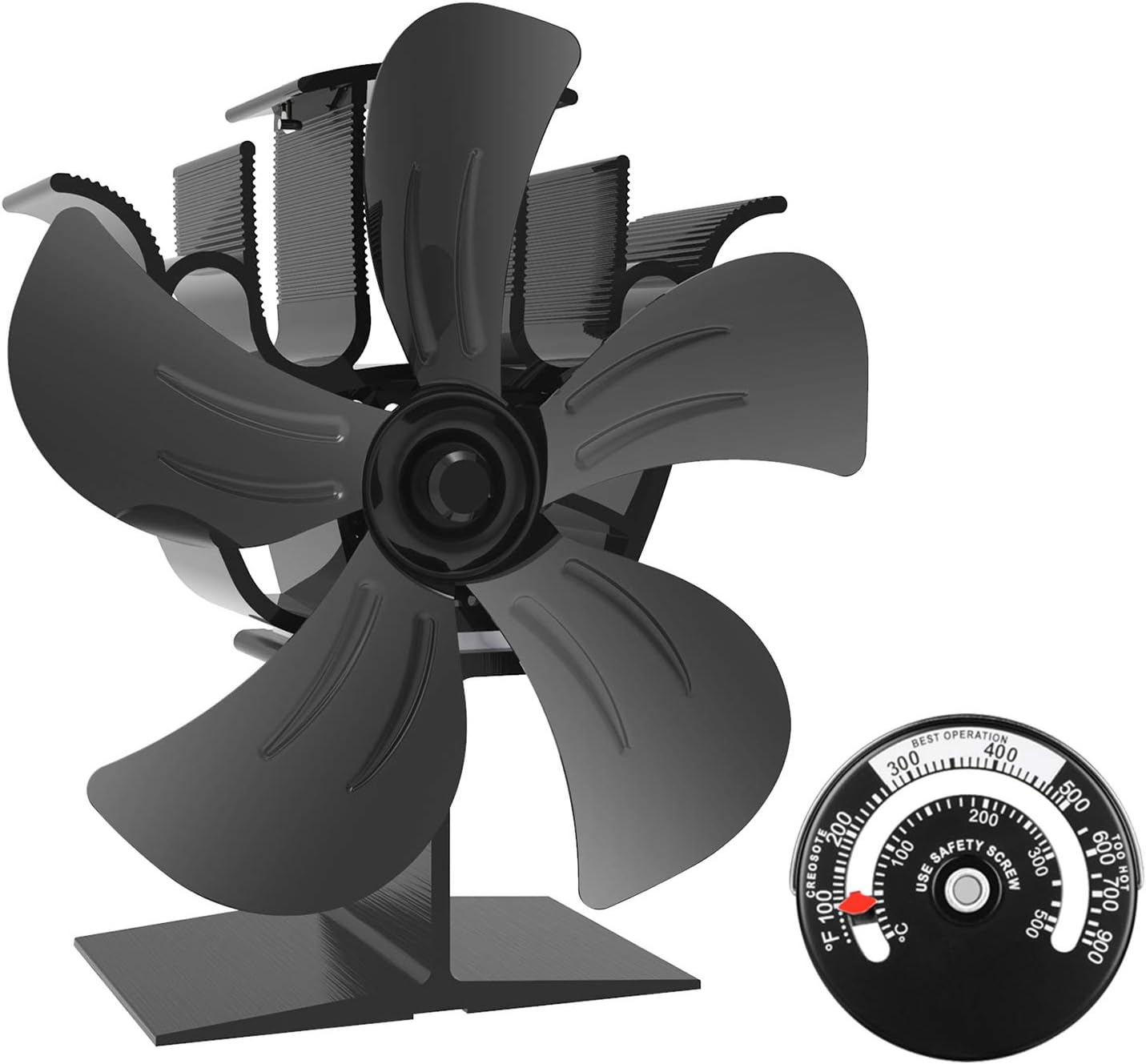 5-Blade Heat Powered Stove Fan with Stove Thermometer (Aluminium Gold, Large Size) Pack of 2 H94692