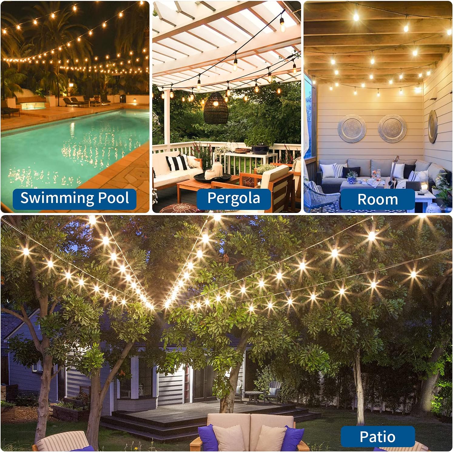 2 Pack 48FT LED Outdoor String Lights with 2W Dimmable Edison Shatterproof Plastic Bulbs Weatherproof Strand M6133