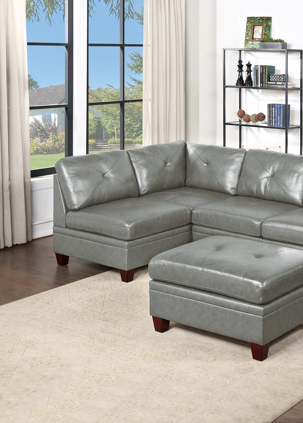Grey Genuine Leather Tufted Armless Chair Y5294