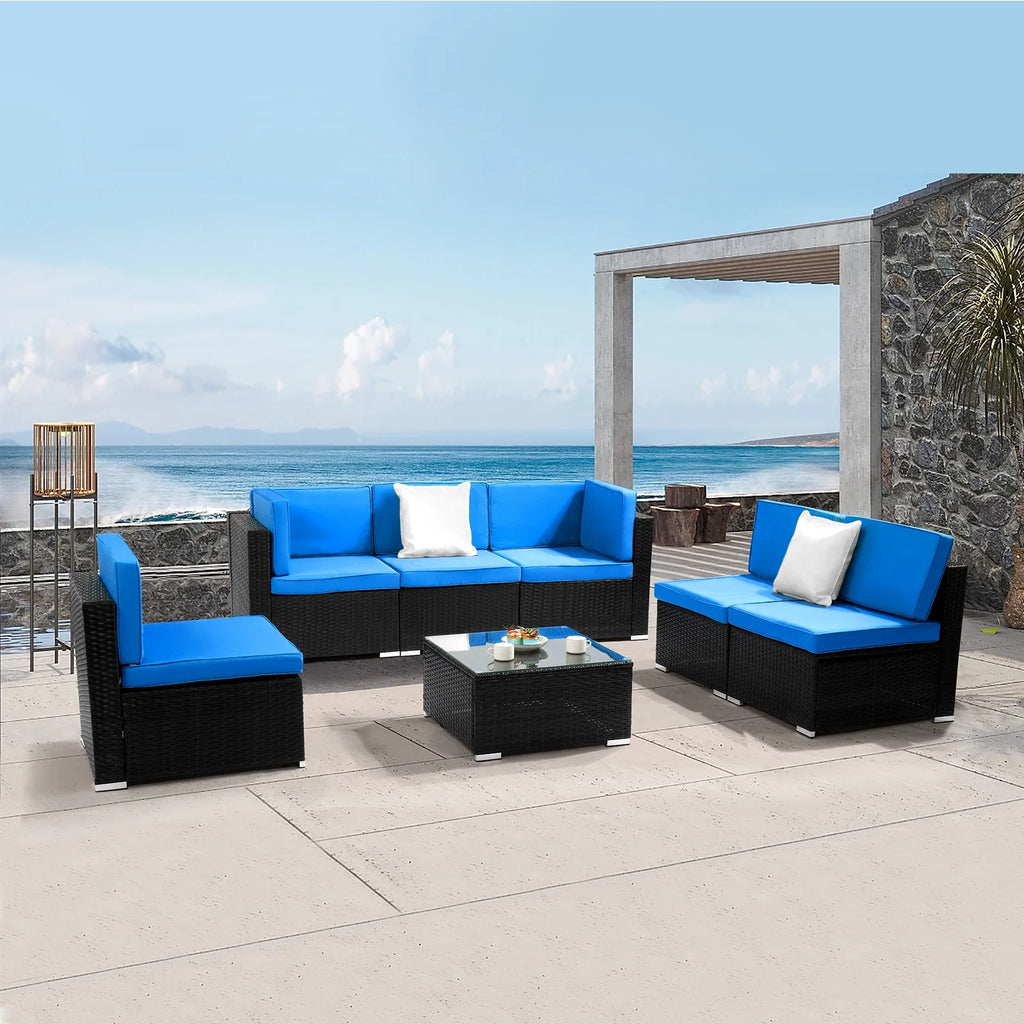 Blue and Black PE Rattan Patio Sectional Set with Table E66707