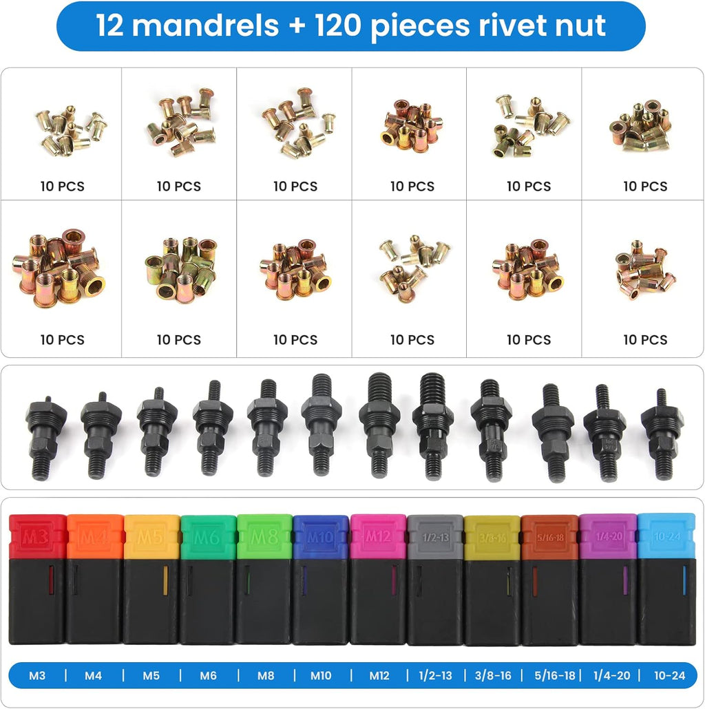 16 Rivet Tool Kit with 120PCS Rivet Nuts & Plastic Case P68516