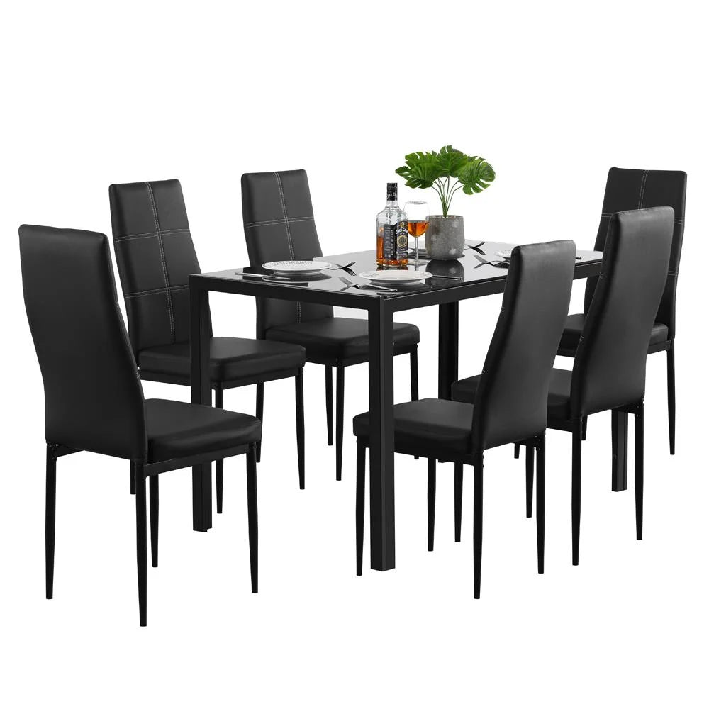 7 Pcs Glass Dining Table Set with 6 Chairs, Black R538090
