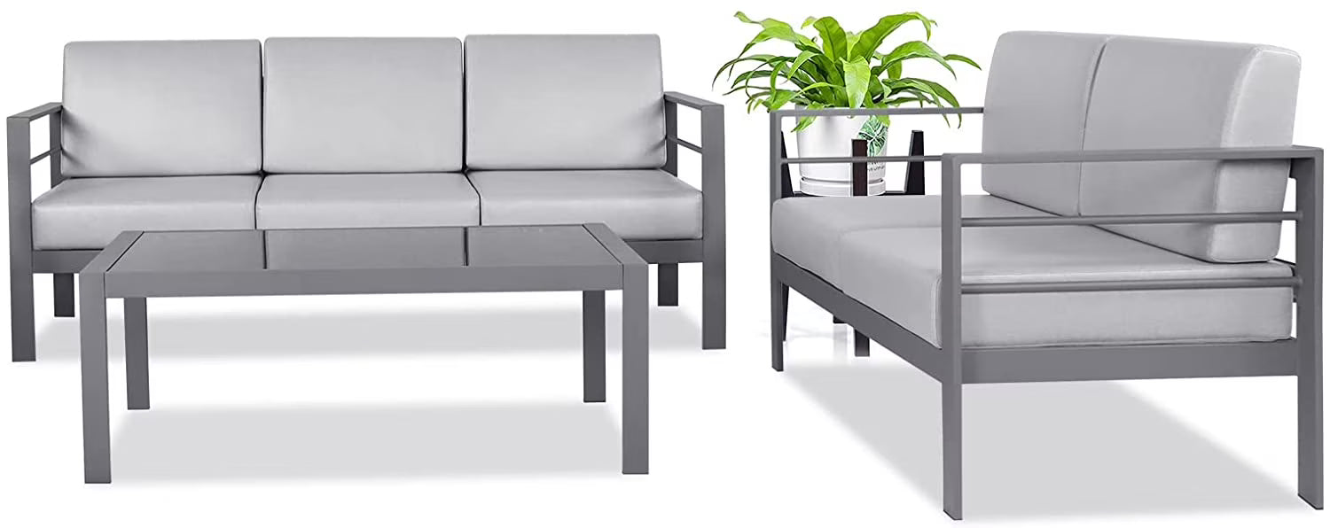 3 Pieces Metal Patio Sectional Sofa with Waterproof Cushion and Coffee Table I7894