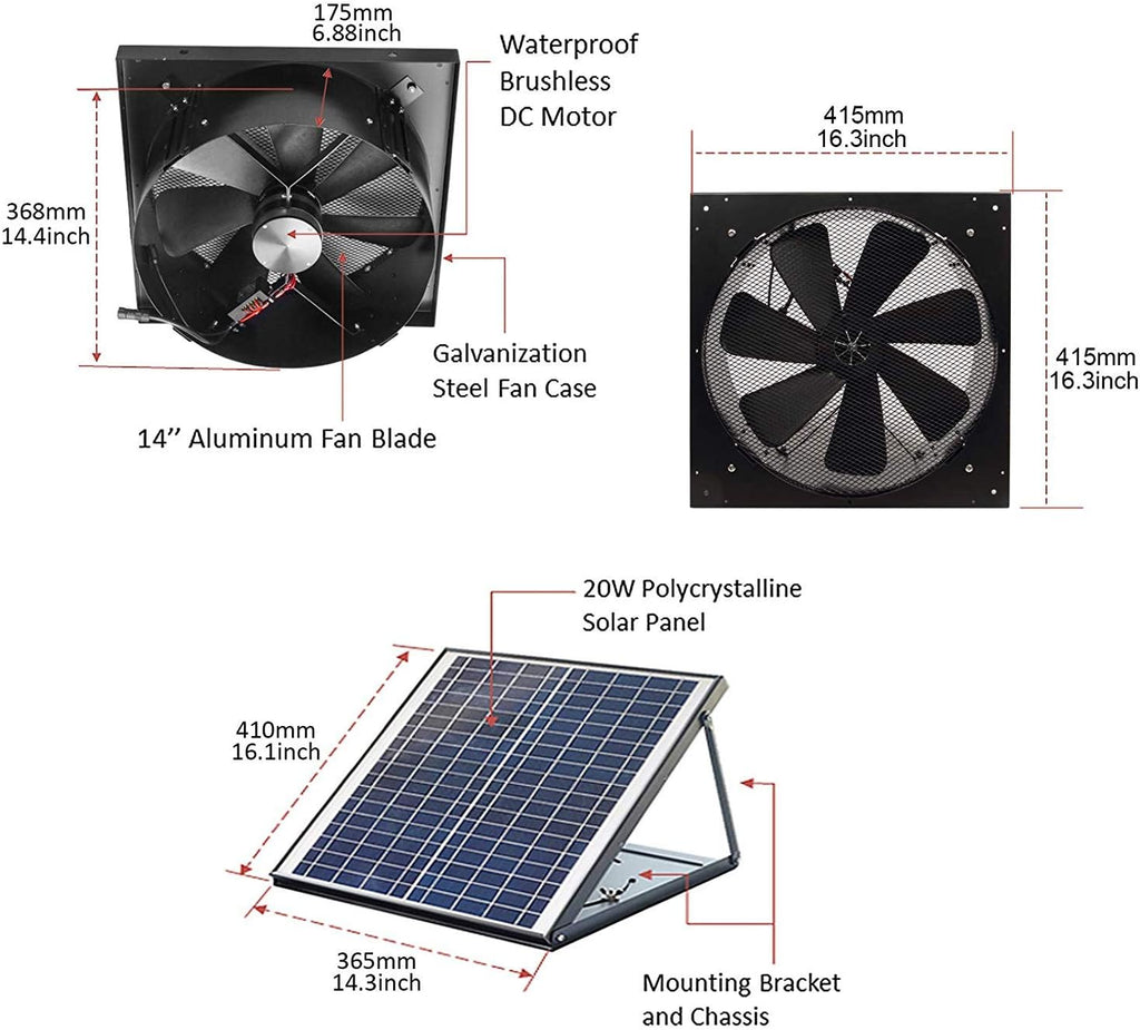 Solar Powered Exhaust Fan with Thermostat Switch, 1750CFM, IP68 Brushless DC Motor Q70476