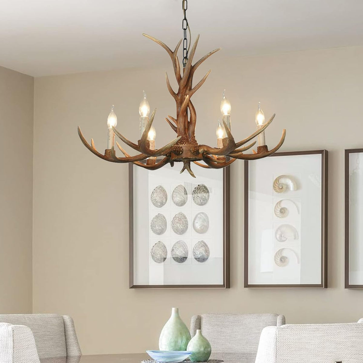 Retro Resin Antler Chandelier 6 Antler Ceiling Lamp (Brown) E28304