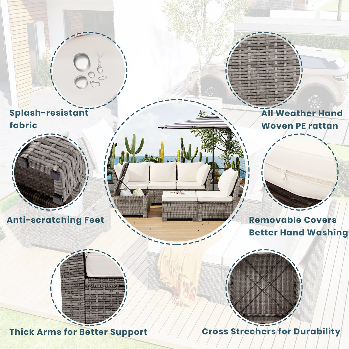 Beige Rattan Wicker Outdoor Sofa Set with Storage Table I545