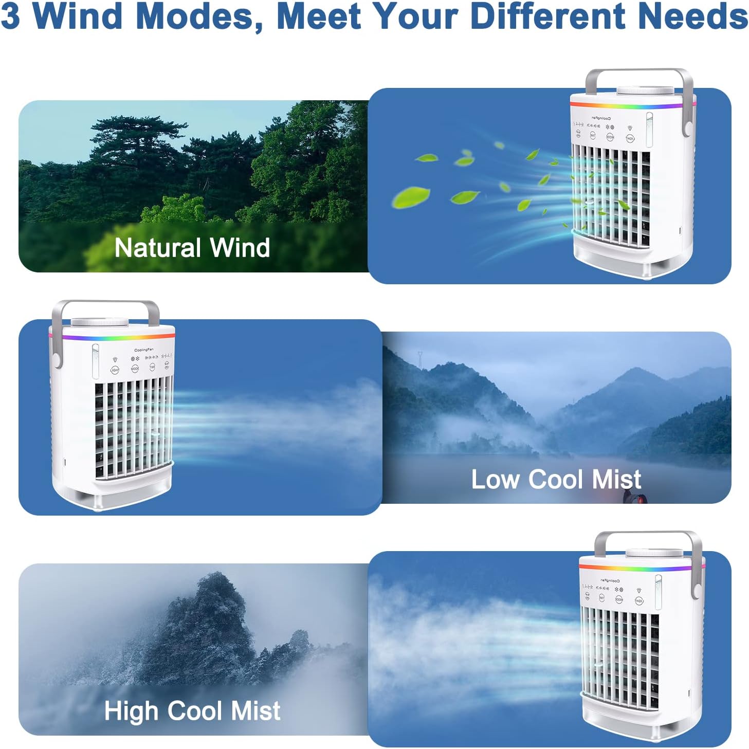 Portable Desktop Air Cooler Fan with 4 Wind Speed, LED Light, 2 Spray Humidify, 2-8H Timer, Pack of 2 E6357
