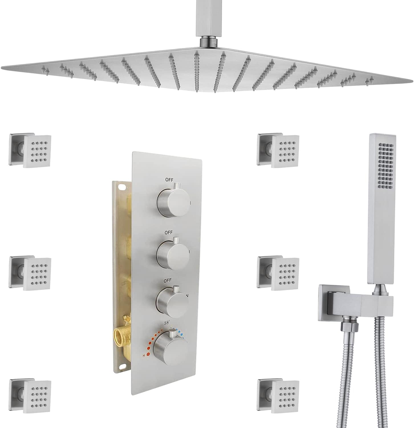 Brushed Nickel 16inch Rainfall Shower System with Body Jets Thermostatic Mixer Shower Faucet Set V6702
