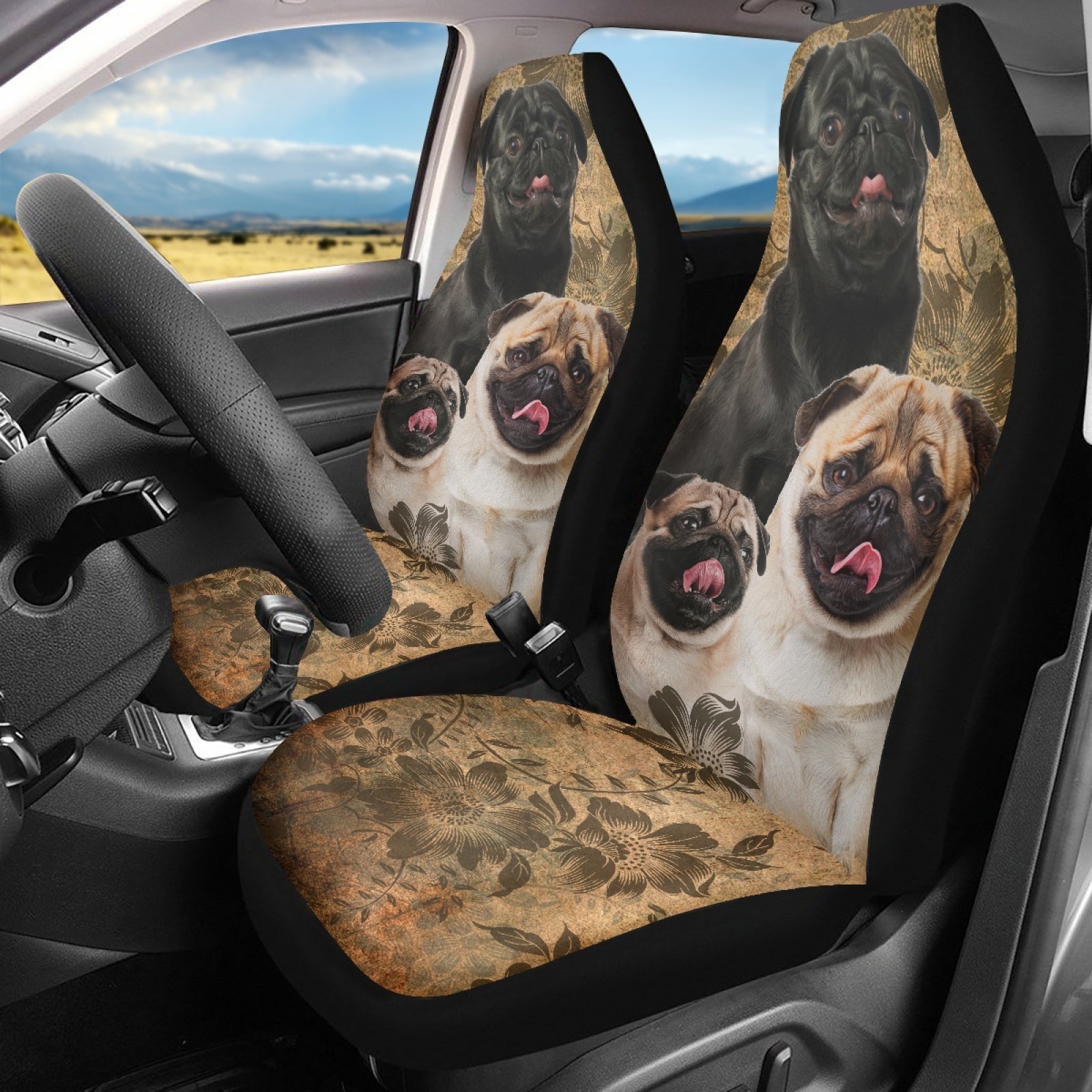 Pug Dog Floral Print Seat Covers, Set of 2 Pcs Y816