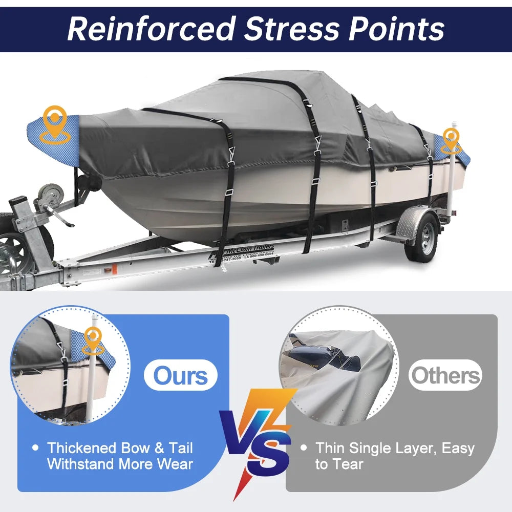 Trailerable Waterproof Heavy Duty Boat Cover for V-Hull, Tri-Hull, Runabout, 16'-18.5' Long, Gray X1673