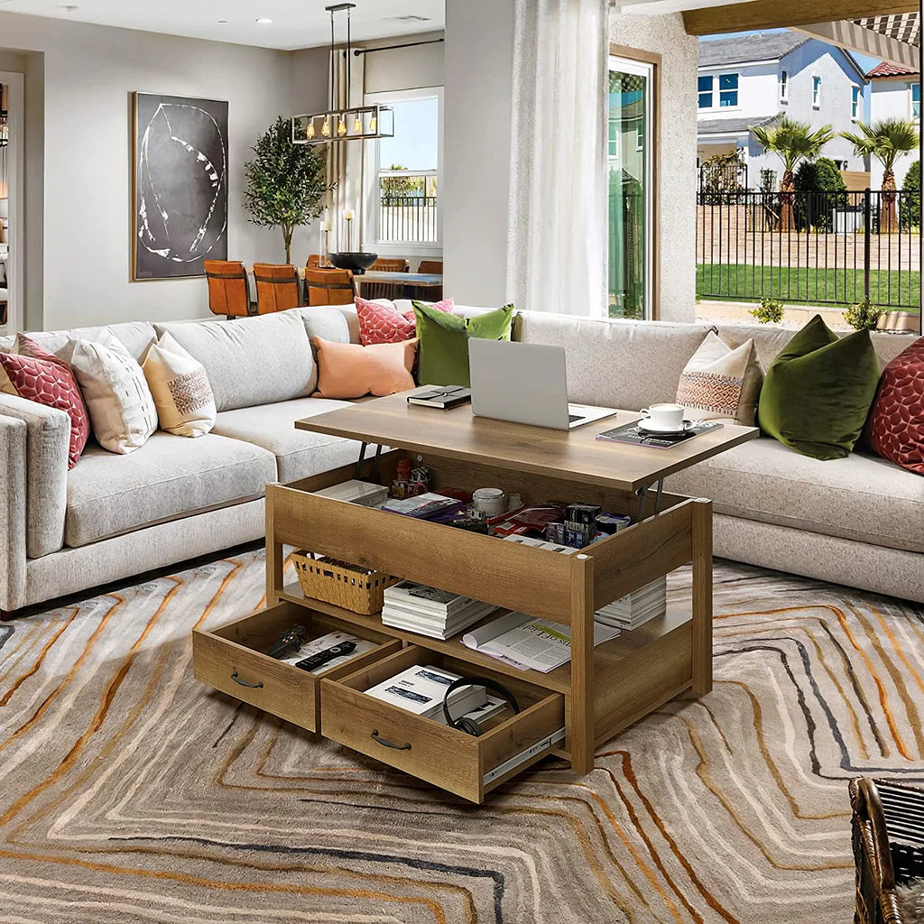 Rustic Brown Wood Lift Top Coffee Table with 2 Storage Drawers F8575