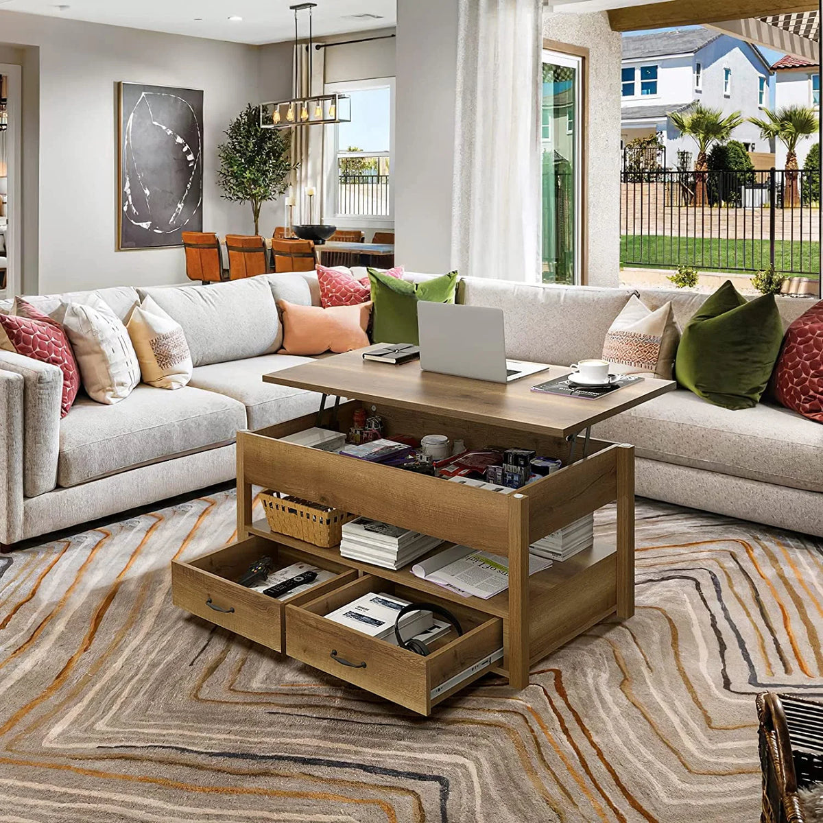 Rustic Brown Wood Lift Top Coffee Table with 2 Storage Drawers F8575