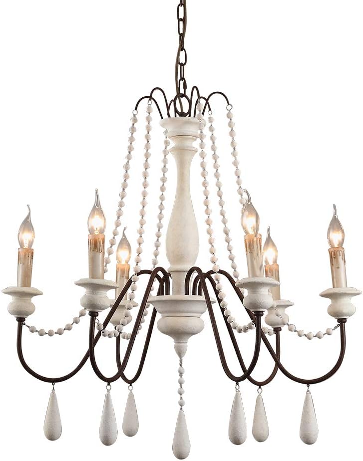 French Country Wood Bead Chandelier, 6 Lights, Gray U591