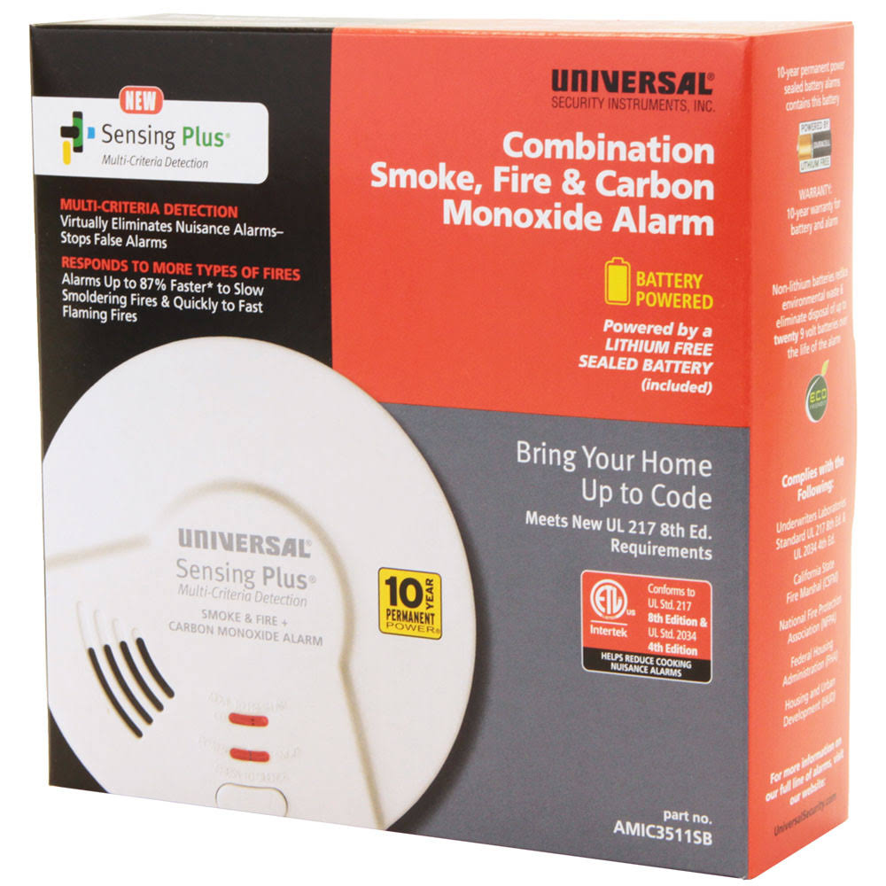 10-Year Sealed Battery Operated 3-in-1 Smoke Fire & Carbon Monoxide Detector U52263