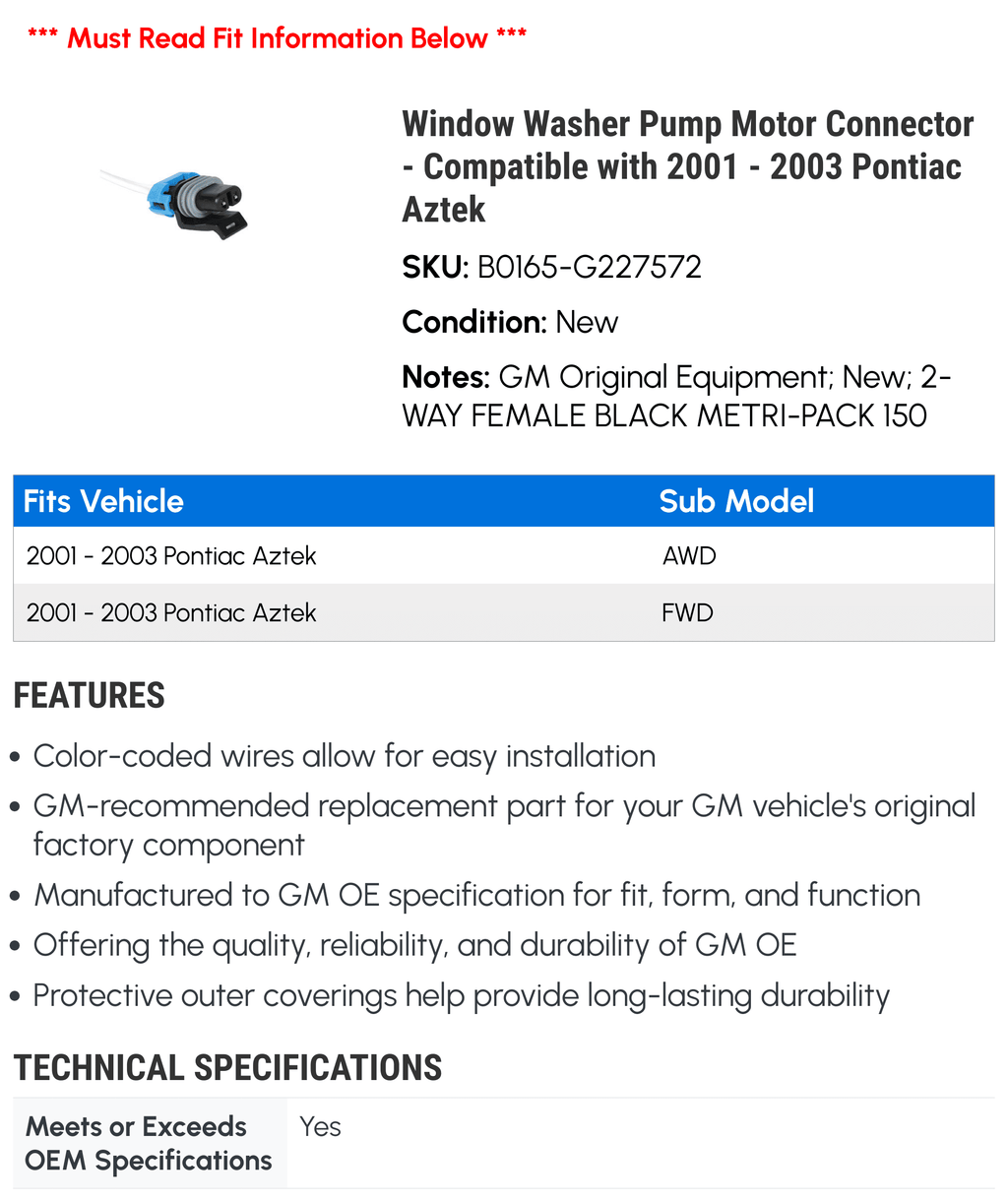 Window Washer Pump Motor Connector E947843