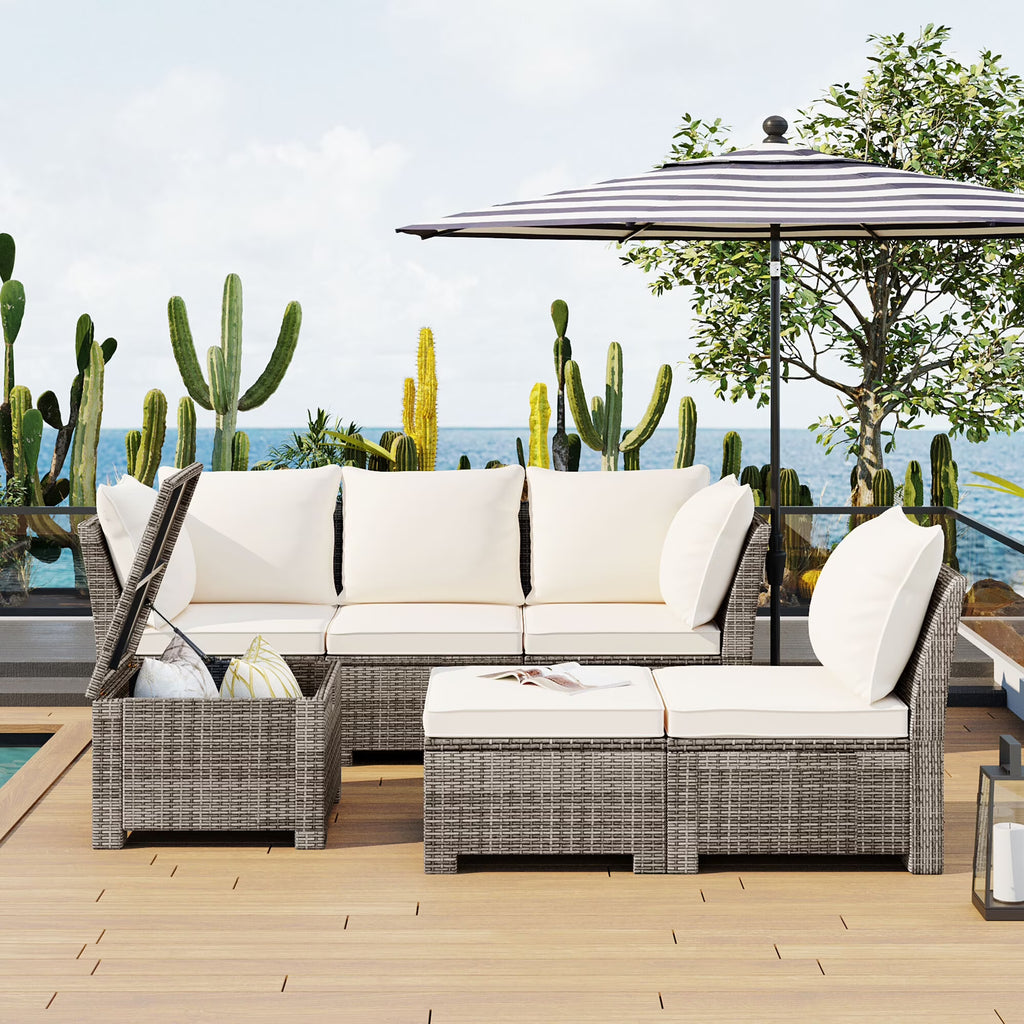 Beige Rattan Wicker Outdoor Sofa Set with Storage Table I545