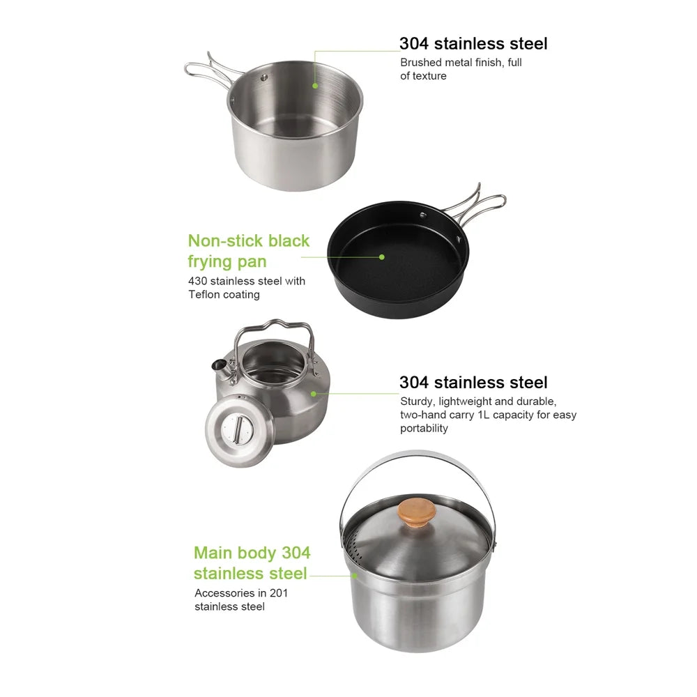 Stainless Steel Camping Cookware Set with Pot Frying Pan Kettle L932748