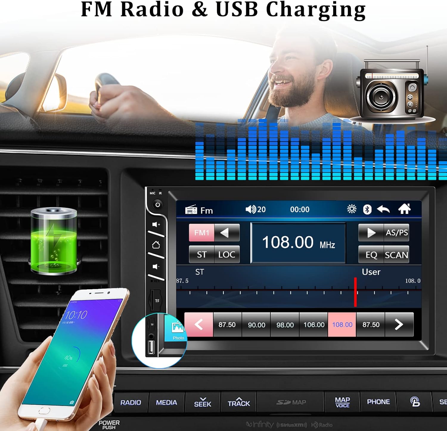 Double Din 7'' Touch Screen Car Stereo with Bluetooth and Rear Camera Q11857