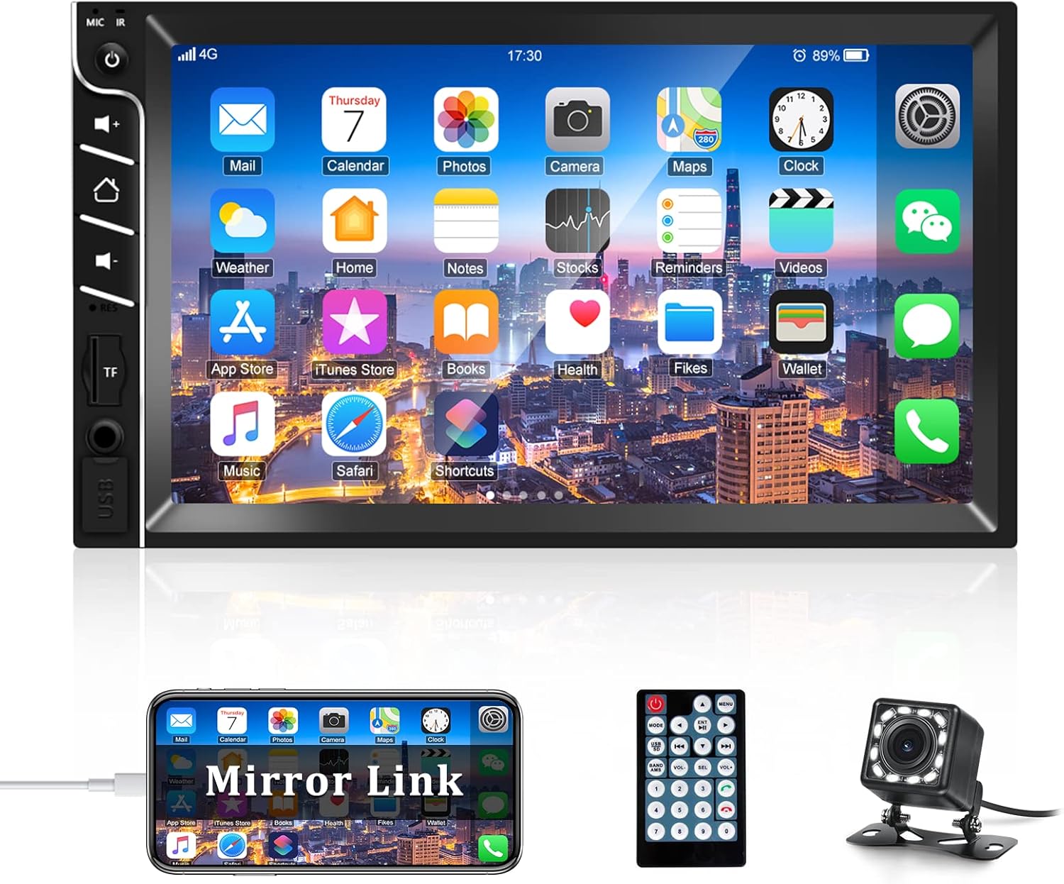 Double Din 7'' Touch Screen Car Stereo with Bluetooth and Rear Camera Q11857