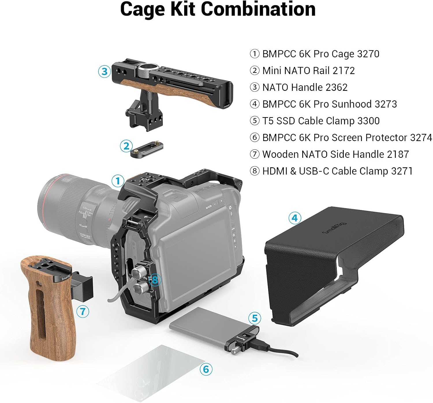 Camera Cage Accessory Kit with Top Handle Wooden Side Handle HDMI Cable Clamp SSD Clamp Sunhood NATO Rail Screen Protector V551317