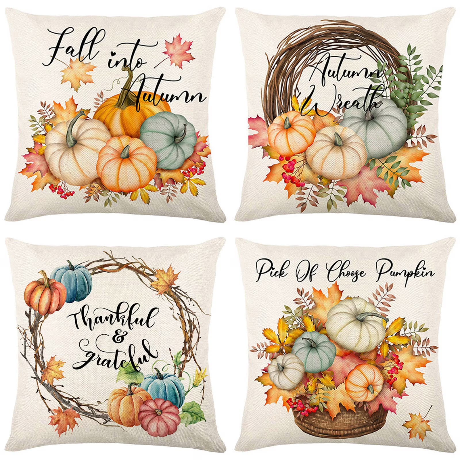 Pumpkin Maple Leaves Fall Pillow Covers 18x18 Set of 4 C511