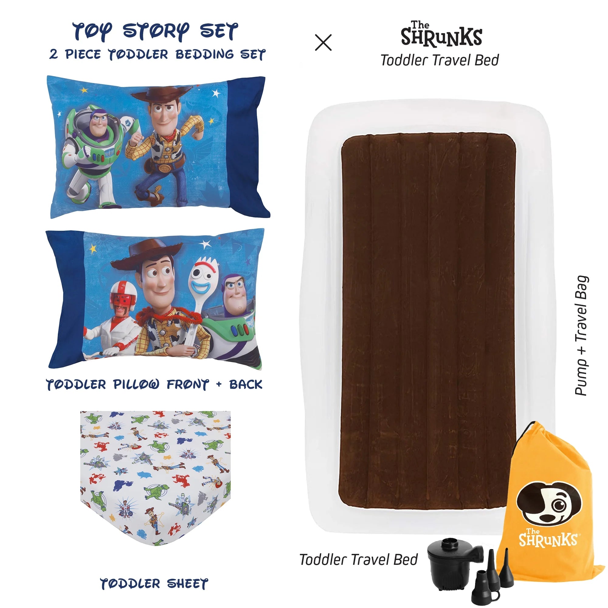 Toy Story Kids Inflatable Travel Bed with Safety Side Rails and Crib Sheet and Pillowcase Set H2018