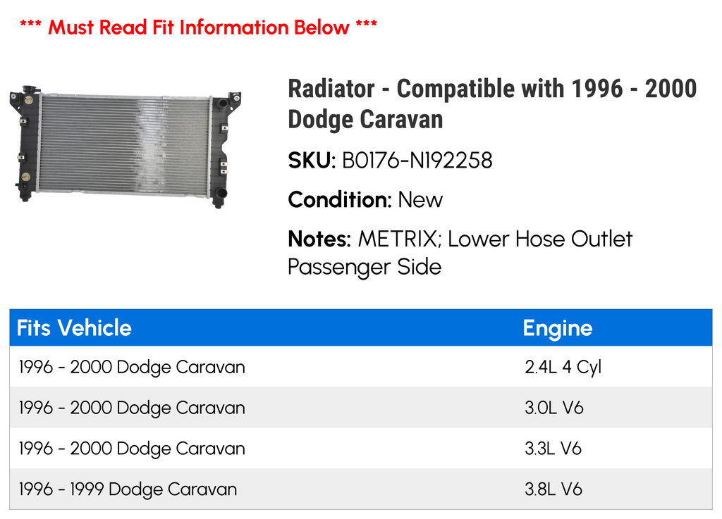 Radiator for 1996-2000 Dodge Caravan Q126