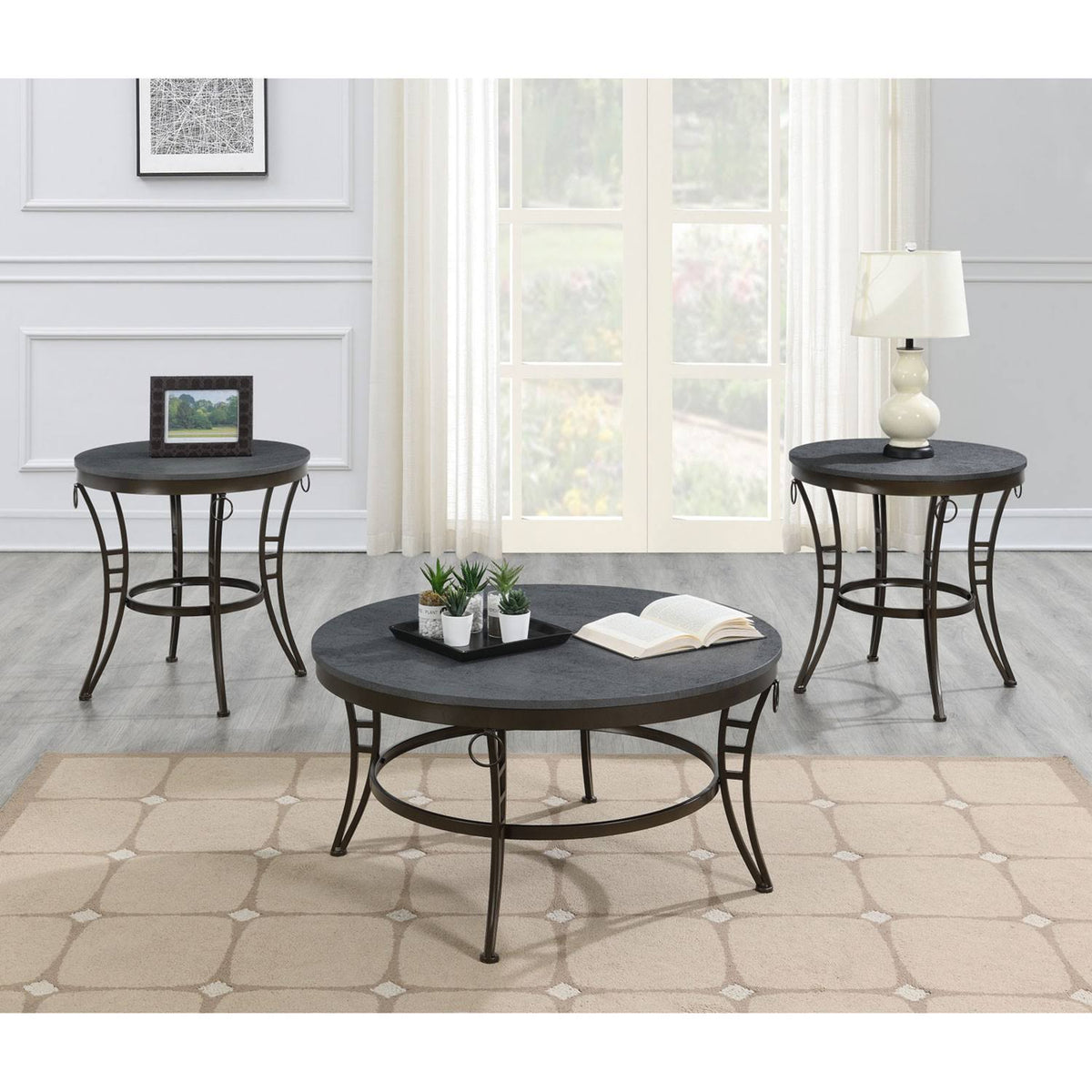 Cathedral Gray And Black Round Coffee Table With Metal Legs M1709