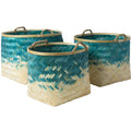 Set of 3 Blue and Beige Bamboo Basket E75019